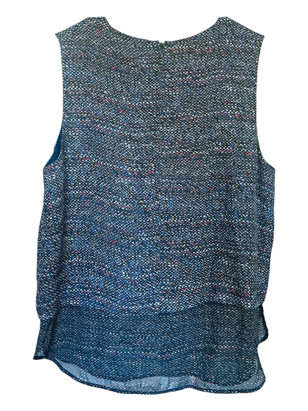 Theory 100% Silk Tweed Print Navy Sleeveless Blouse Office Casual Sheer SZ L - Picture 4 of 9